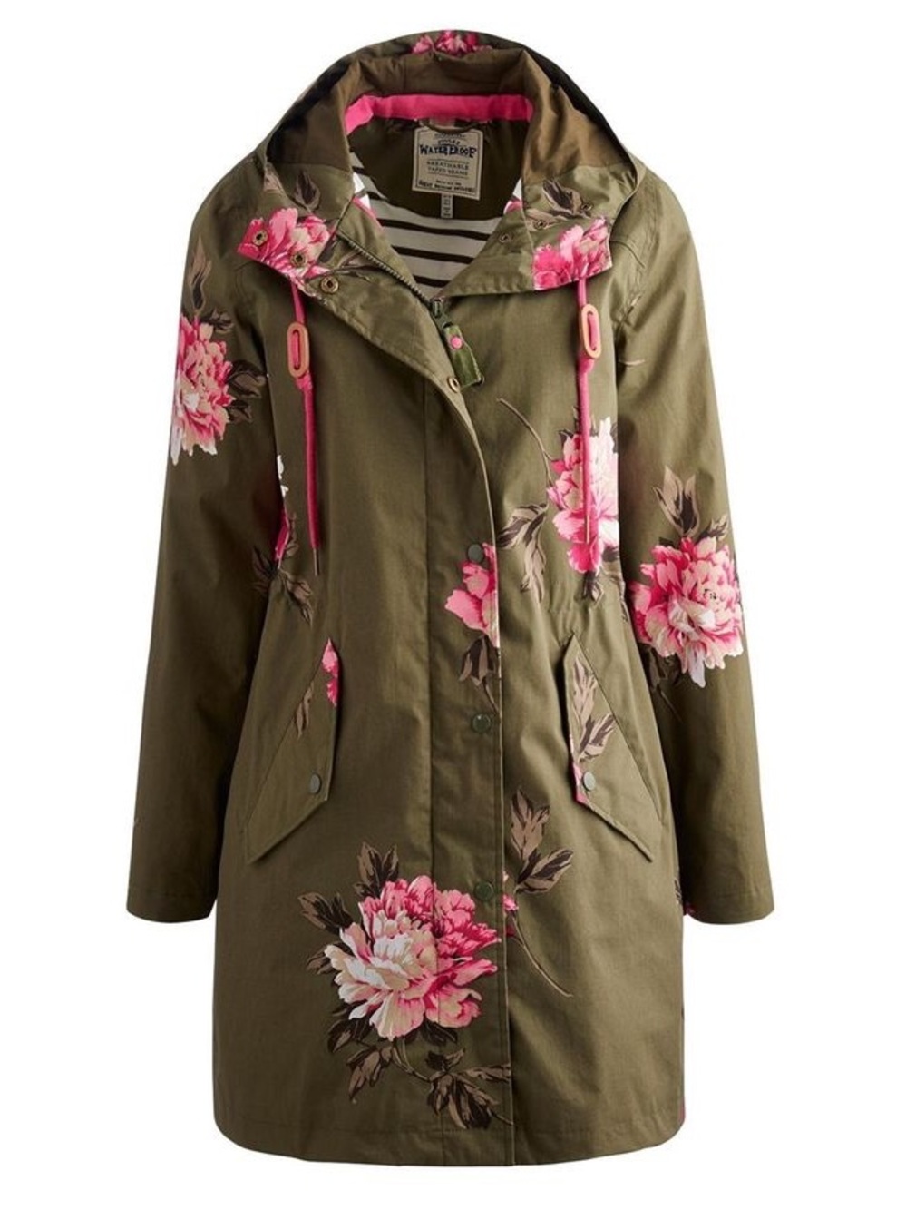 Joules Olive Trench Coat with Pink Floral Print
